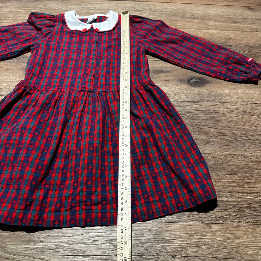 Vintage OshKosh Red Plaid Apple Dress Girls Size 6X Long Sleeve Made in USA